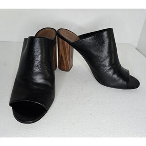 TORY BURCH Black Leather Raya Heels Mules Wooden Heel Peep Toe sz 8.5